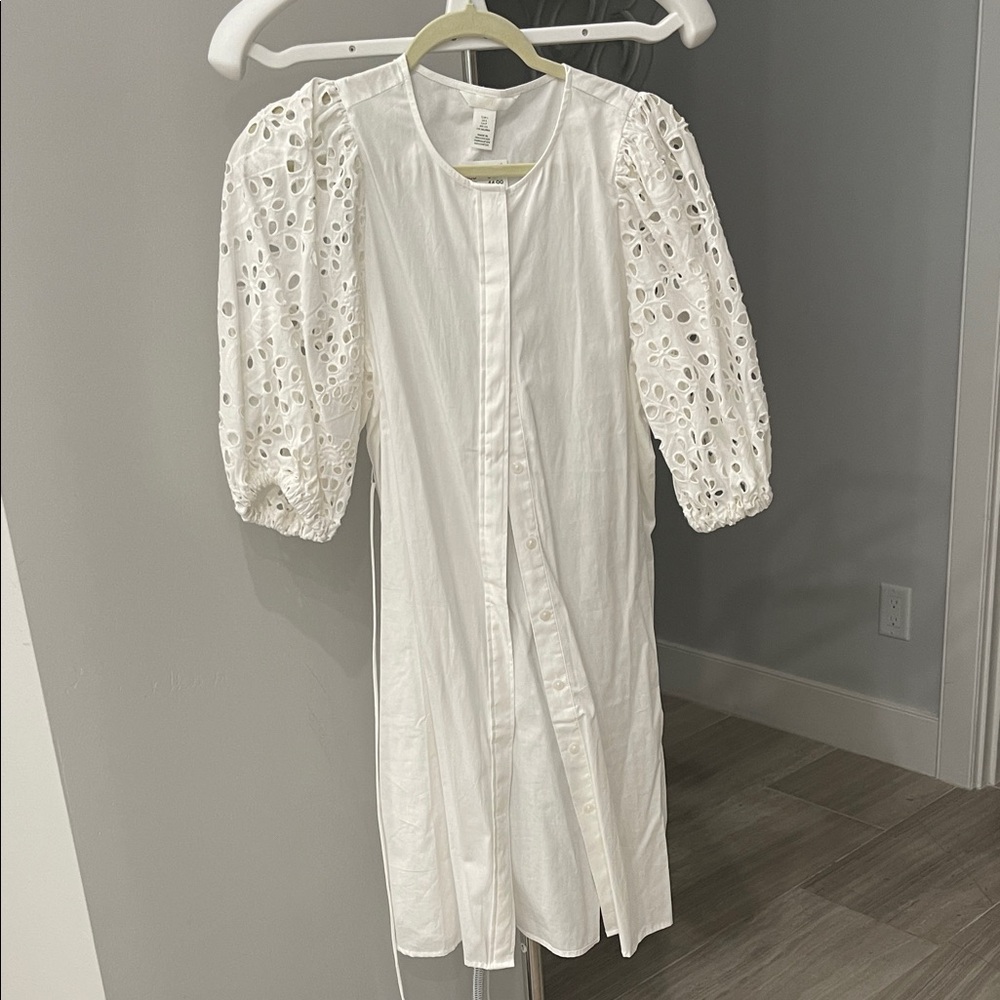 H&M White Long Sleeve Eyelet Dress